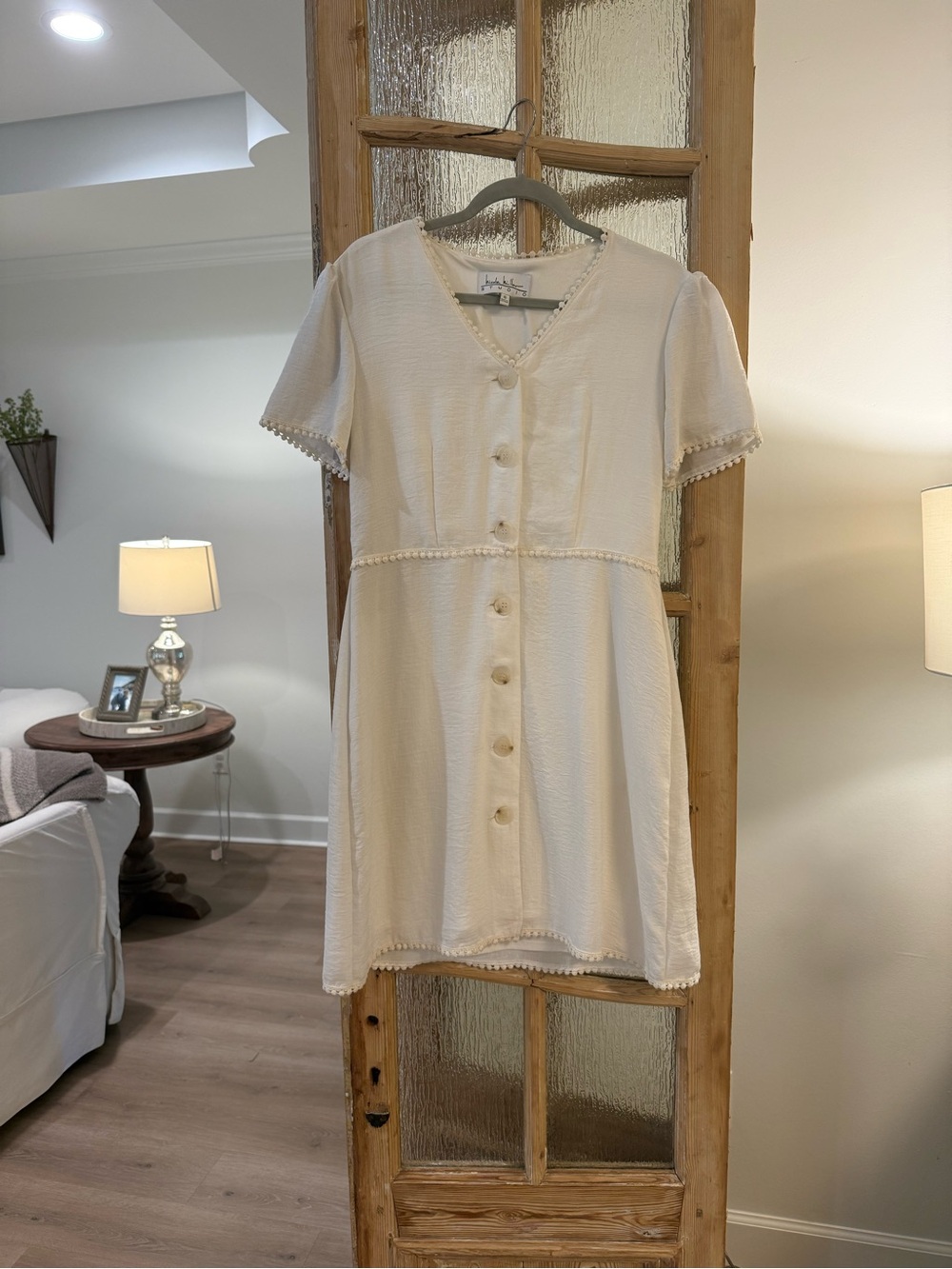 Ivory V-Neck Button Mini Dress with Pom Trim